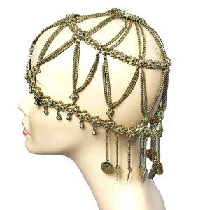 Renaissance Medieval Belly Dance Headpiece Gold Chain Cap Vintage